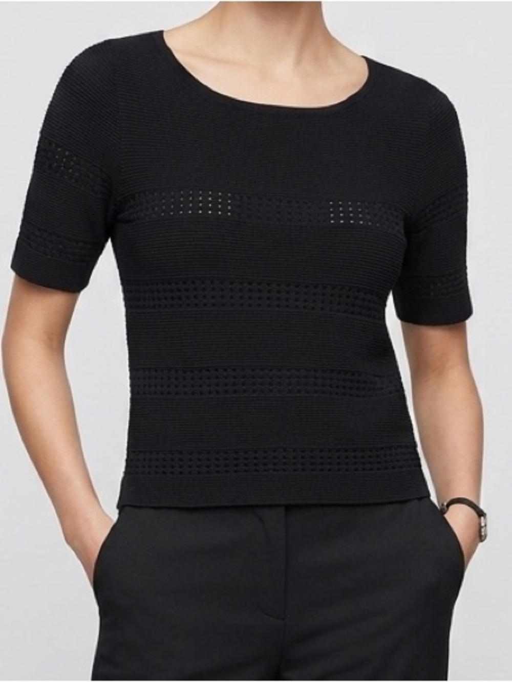 White Black House Market Black Ribbed Pointelle Knit Short Sleeve Top Sweater S